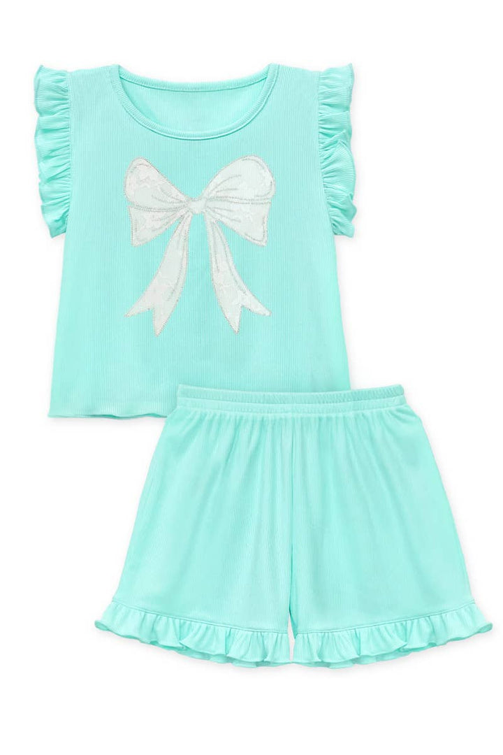 Girls 2 pc Ribbed Short Set w/Bow