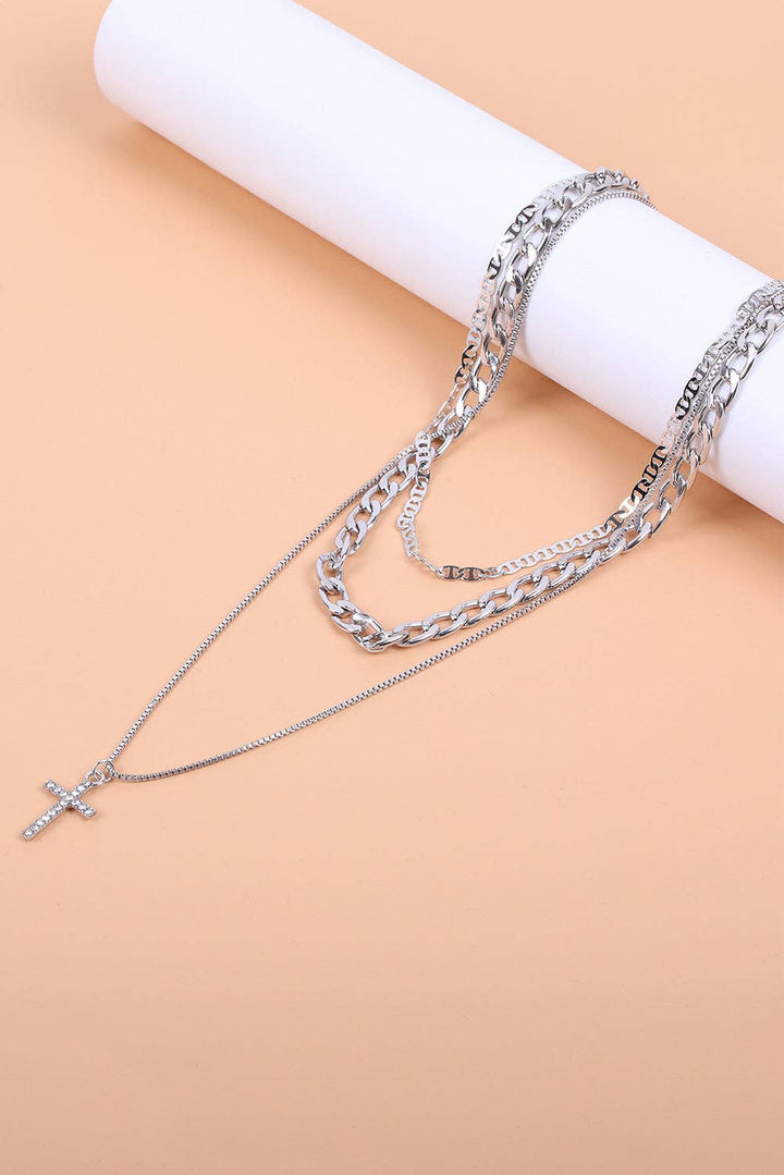 Gold Layered Chain Cross Pendant Necklace Set