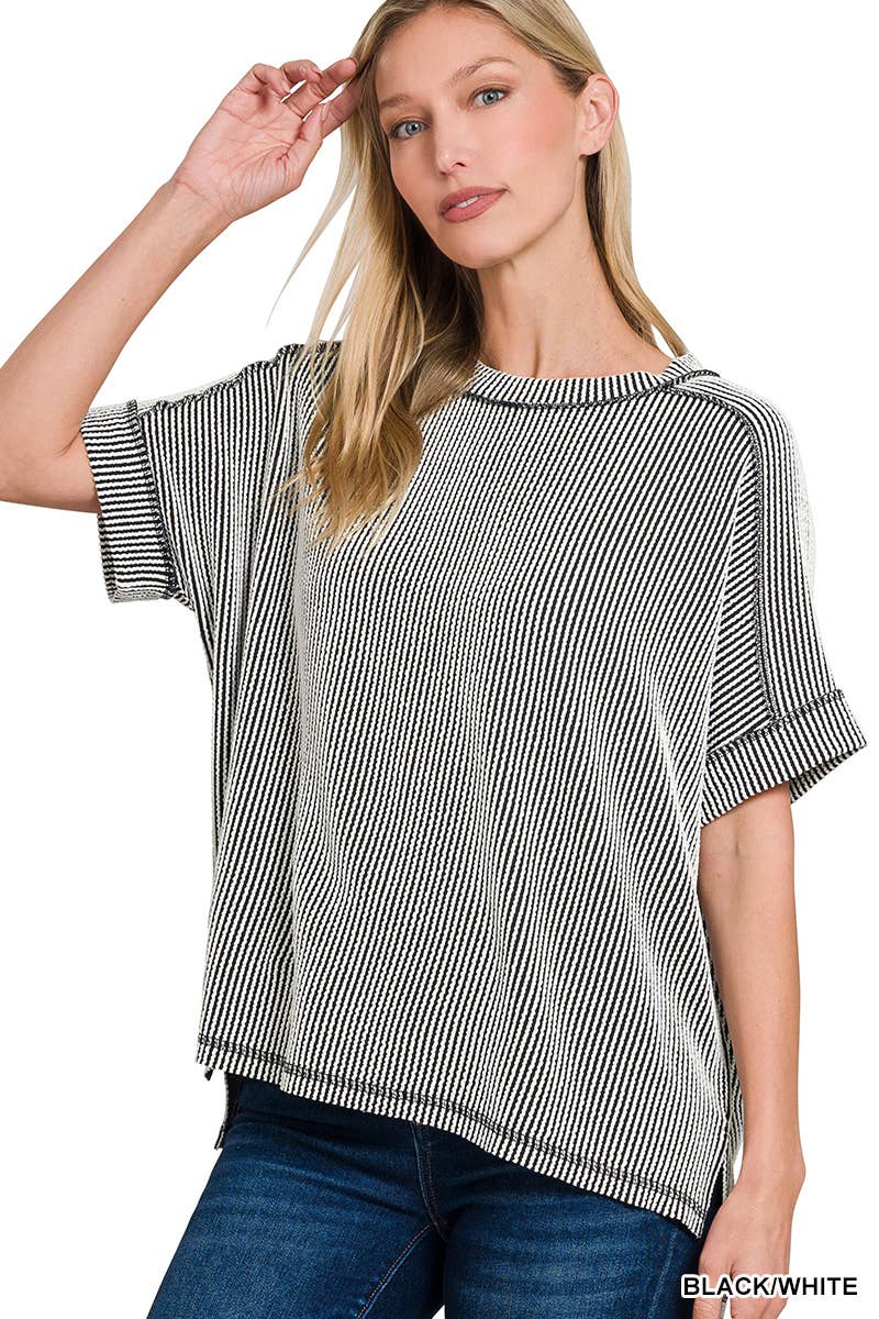 Textured Line Short Cuff Sleeve Raw Edge Top