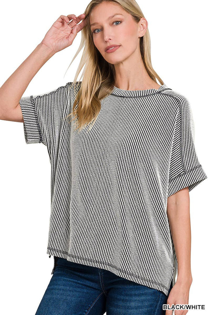 Textured Line Short Cuff Sleeve Raw Edge Top