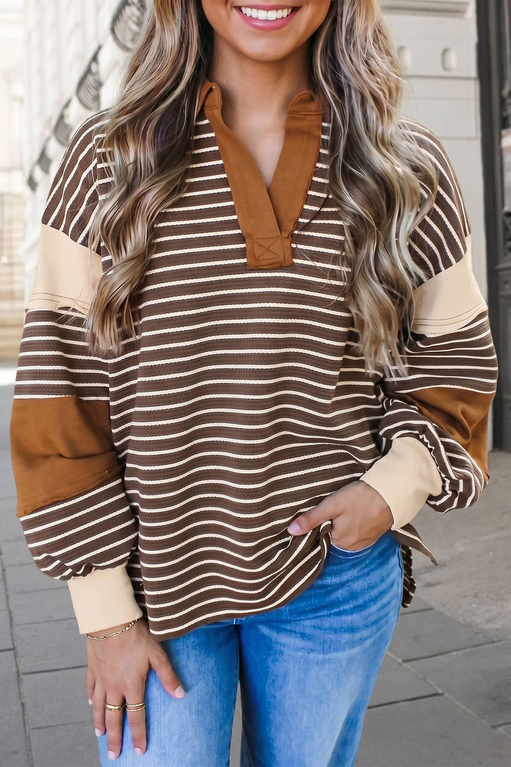 Striped Print Polo Neck Loose Pullover Sweatshirt