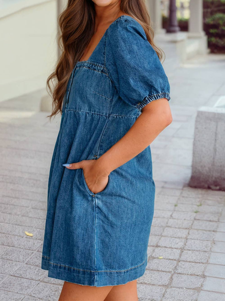 1 the Woman - Button Square Neck Short Puff Sleeve Denim Mini Dress