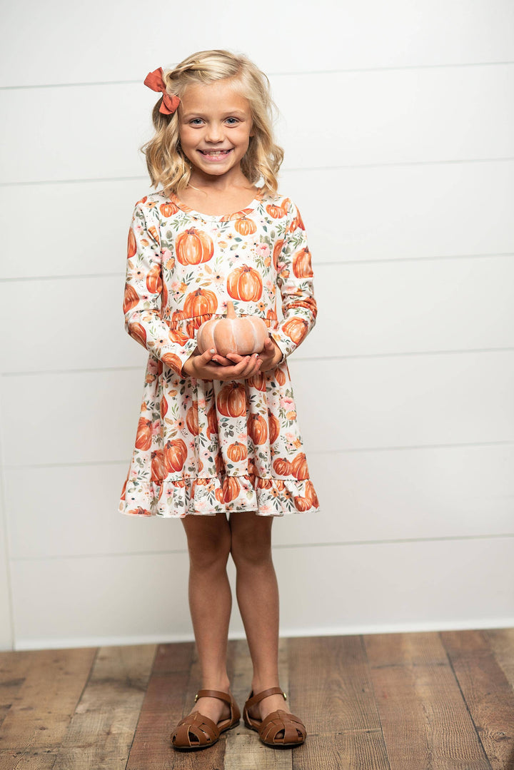 Kids Pumpkin &amp; Floral Print Long Sleeve Fall Twirl Dress