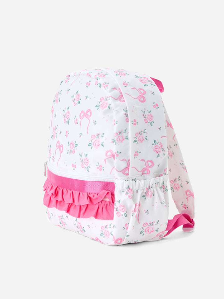 Floral Bow Print Girls Backpack Ruffle Bag