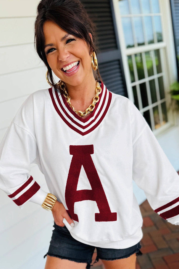 Varsity Letter Patch V Neck Football Game Day Sweatshirt