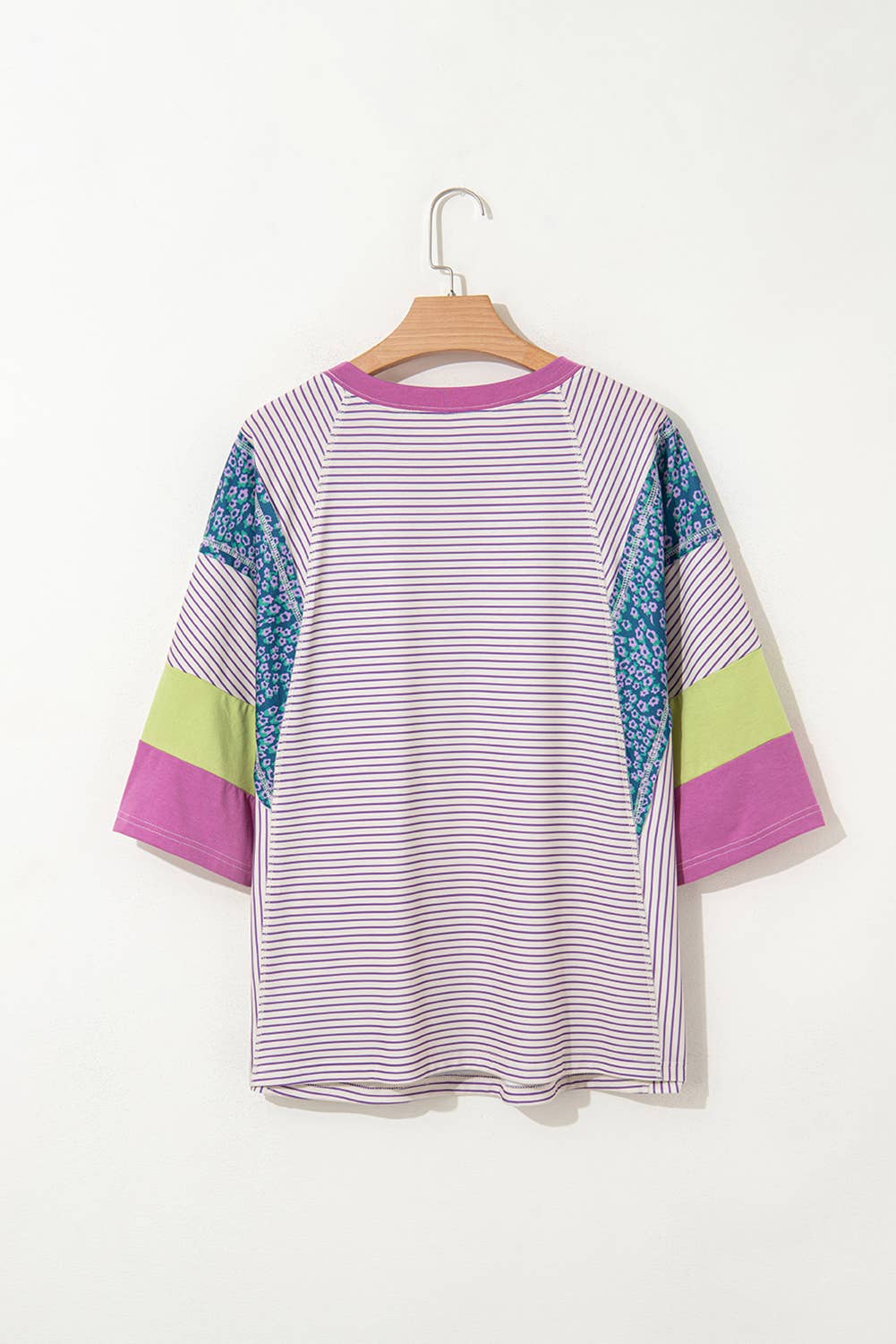 Aapparella - Stripe Floral Raw Edge Patchwork Bracelet Sleeve Top | S-XL