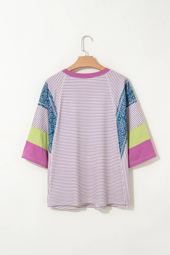 Aapparella - Stripe Floral Raw Edge Patchwork Bracelet Sleeve Top | S-XL