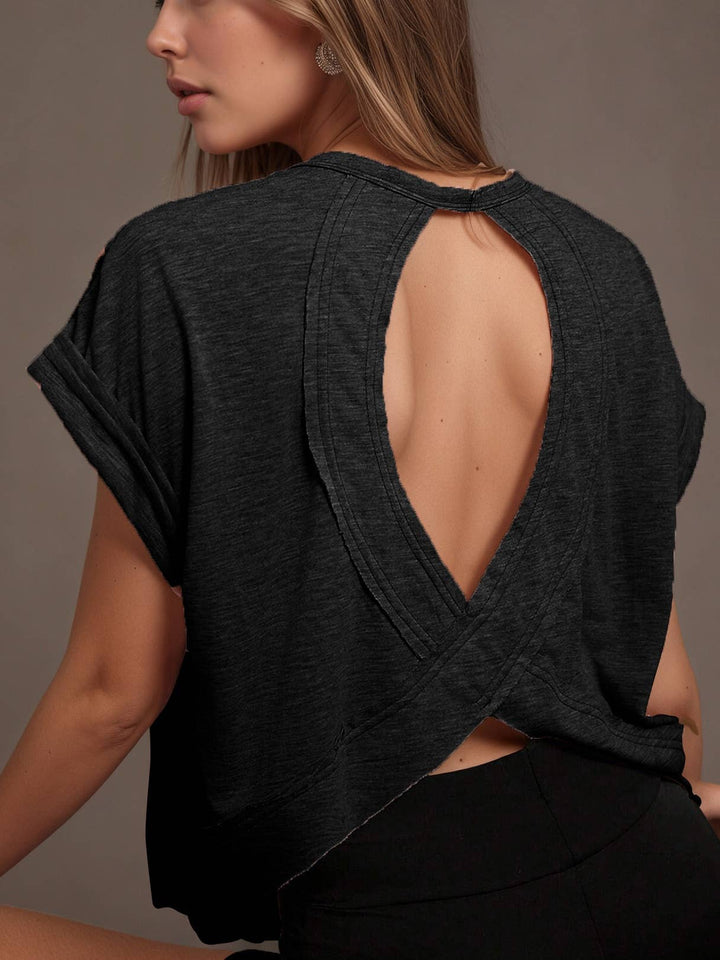 Wrapped Cutout Back Slouchy Tee Workout Shirt In Solid
