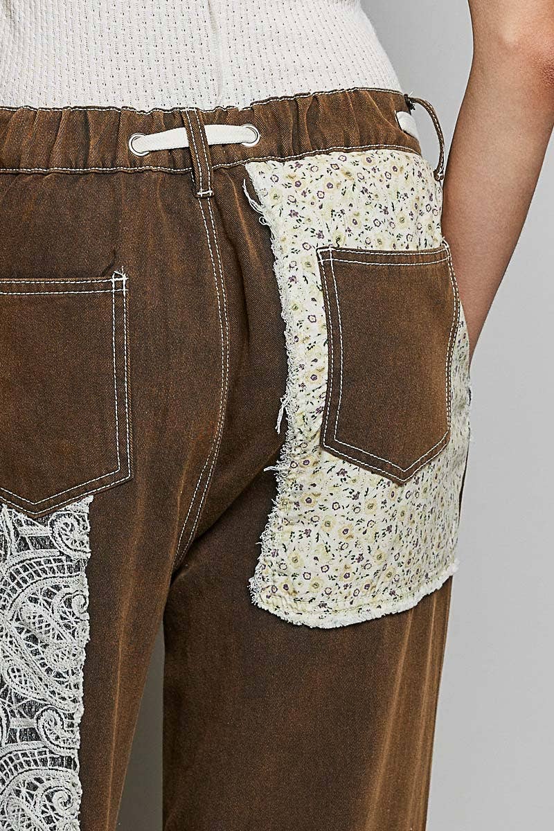 Pol Clothing - Drawstring Floral Patch Denim Pants