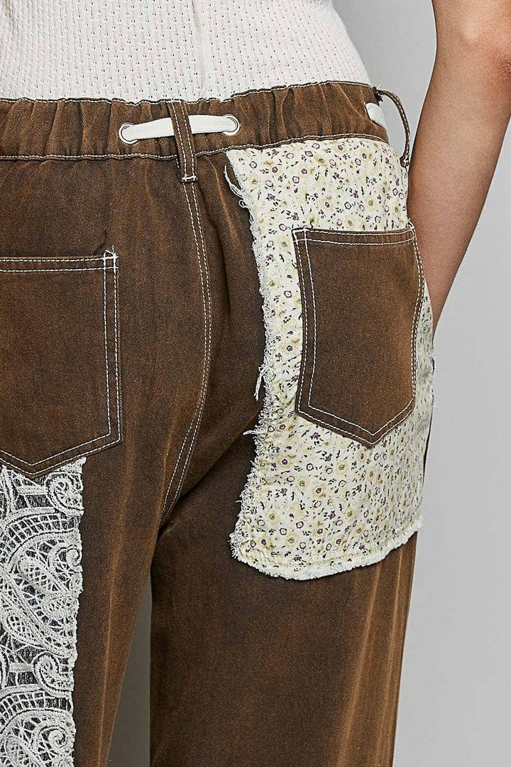 Pol Clothing - Drawstring Floral Patch Denim Pants