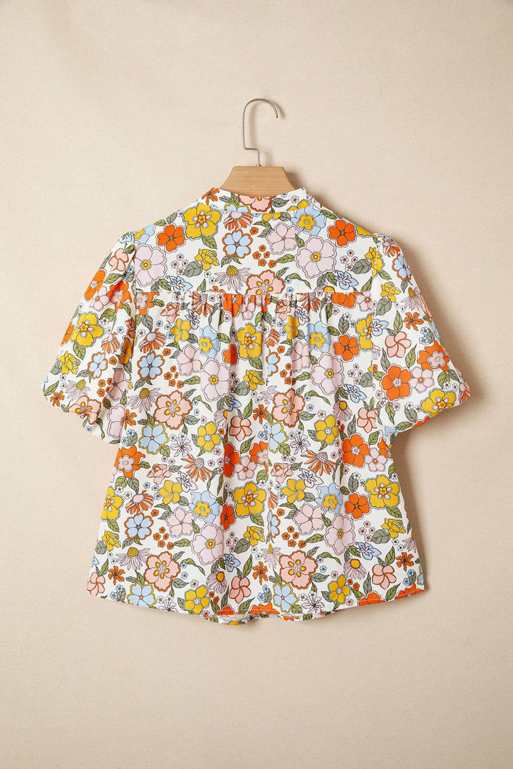 66DISCO - Crochet V Neckline Puff Sleeve Boho Flower Blouse (S-XL)