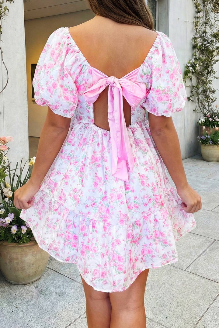 66DISCO - Floral Print Square Neck Ribbon Knot Back Mini Dress (S-XL)