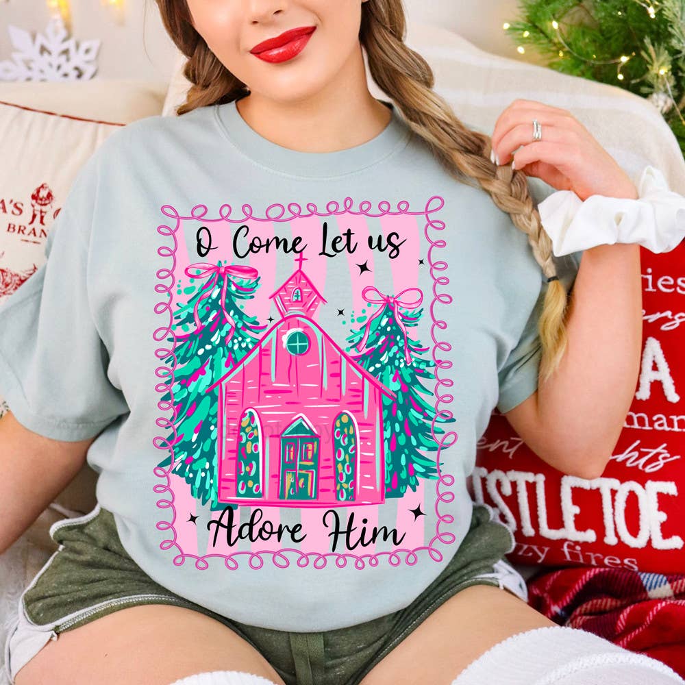 Trendy Transfers - O Come Let Us Adore Him Pink Church DTF Heat Transfer