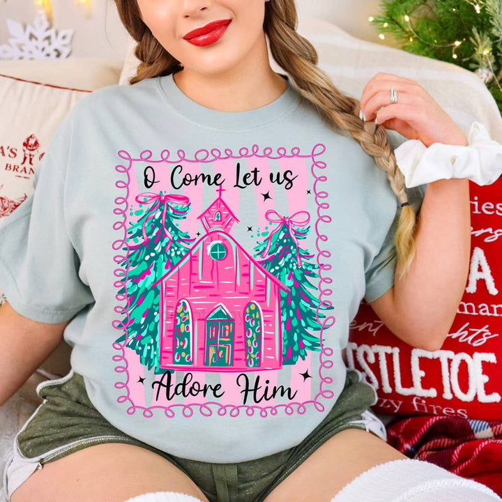 Trendy Transfers - O Come Let Us Adore Him Pink Church DTF Heat Transfer