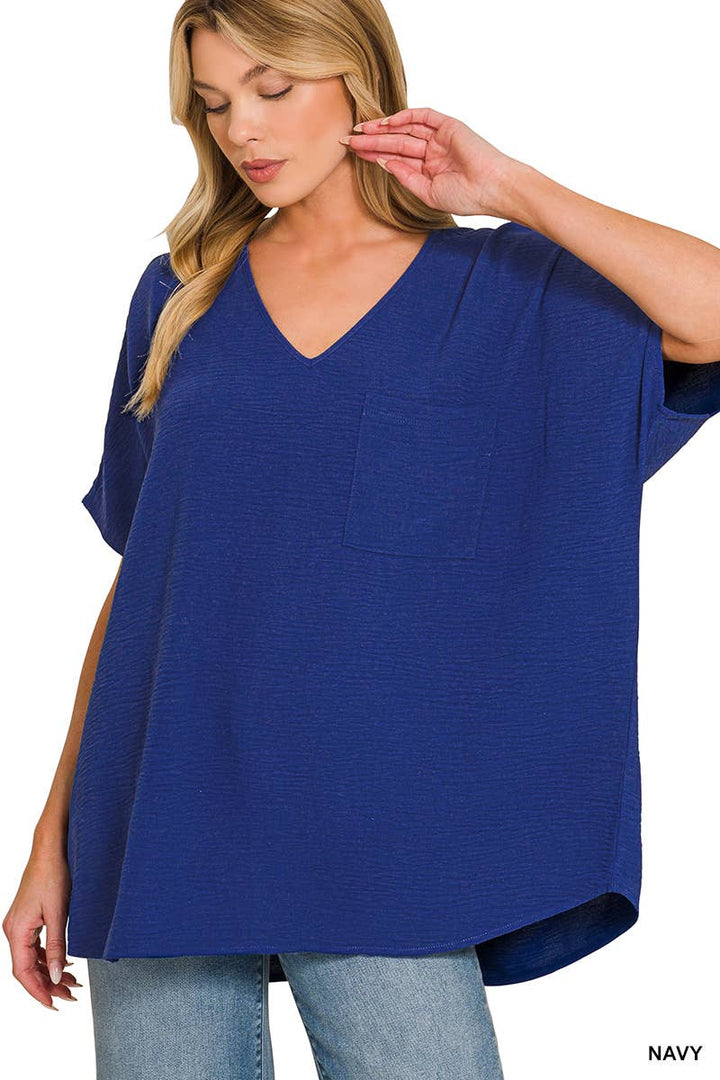 42POPS - SI-24049 Airflow V Neck Short Sleeve Top with pocket