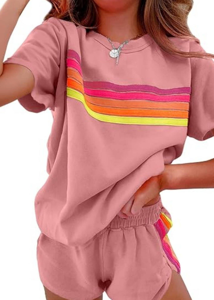 Rainbow Stripes crewneck short sleeve tee &amp; short resort set
