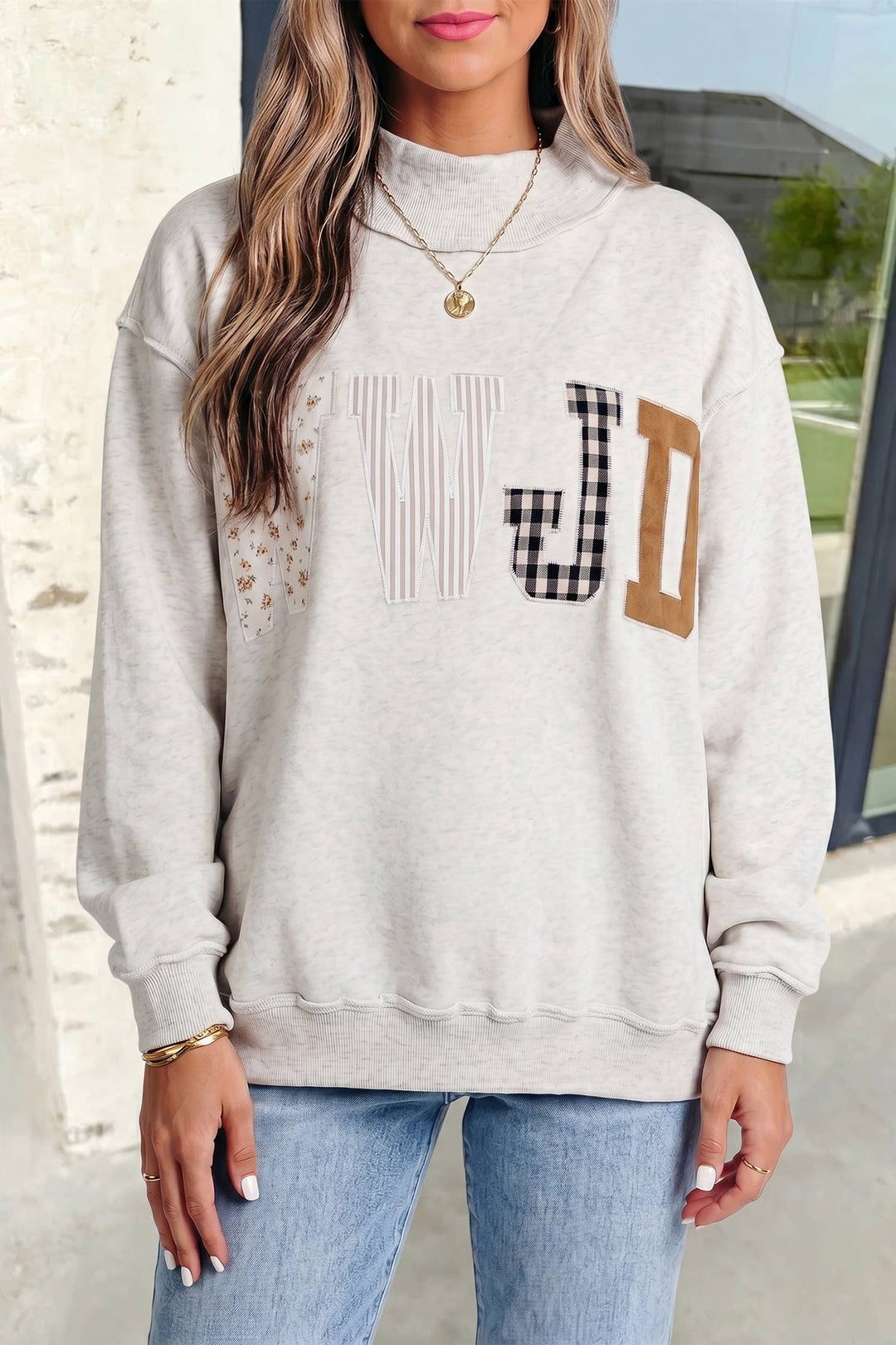 WWJD Embroidered Patch Mock Neck Sweatshirt