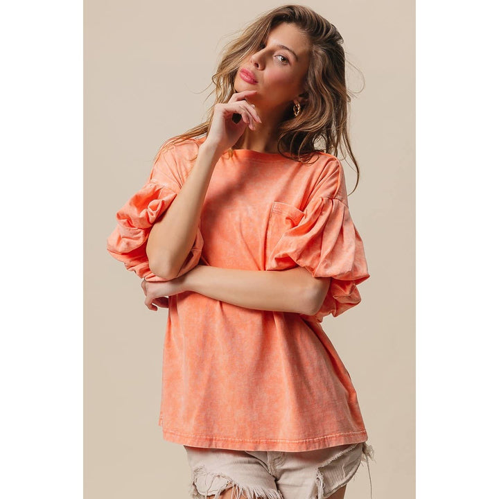 BiBi - MINERAL WASHED PUFF SLEEVE JERSEY TOP