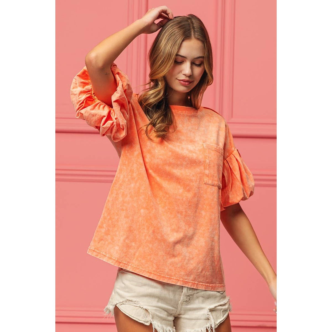 BiBi - MINERAL WASHED PUFF SLEEVE JERSEY TOP
