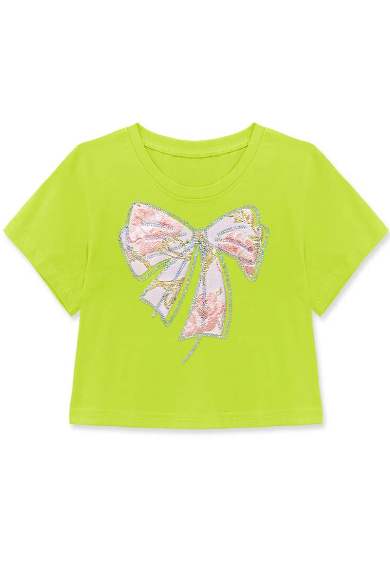 Girls Crop Tee w/ Bow Patch &amp; Rhinestone