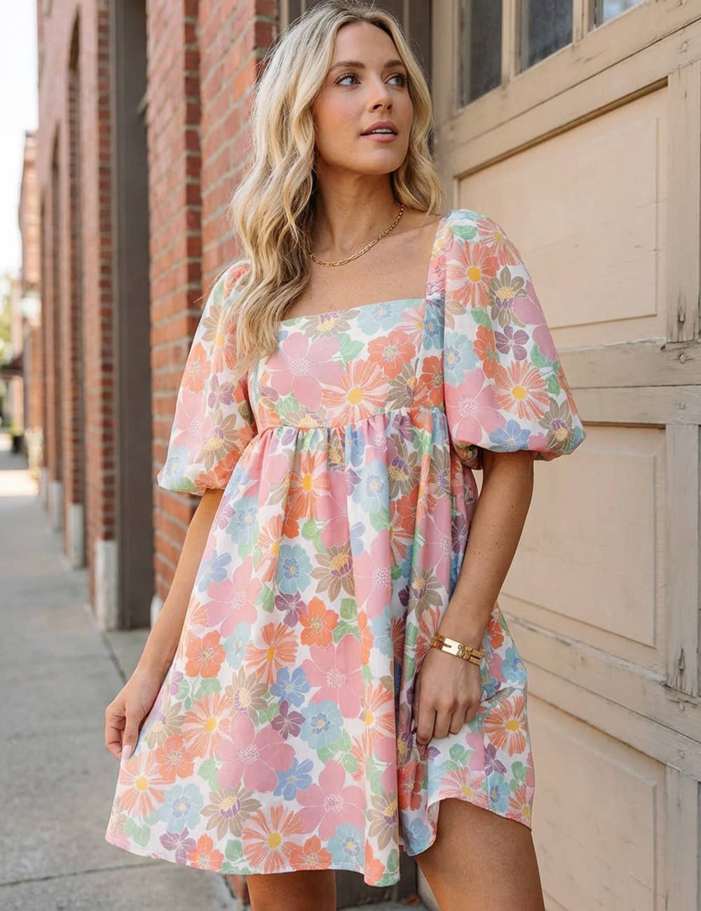 Floral Square Neck Puff Sleeve Babydoll Dress