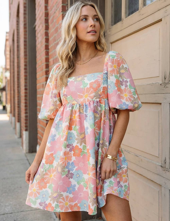 Floral Square Neck Puff Sleeve Babydoll Dress