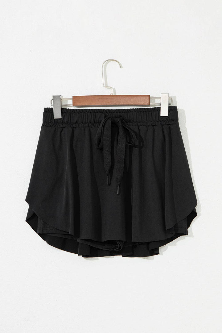 Black High Waist Drawstring Tennis Skort with Lining
