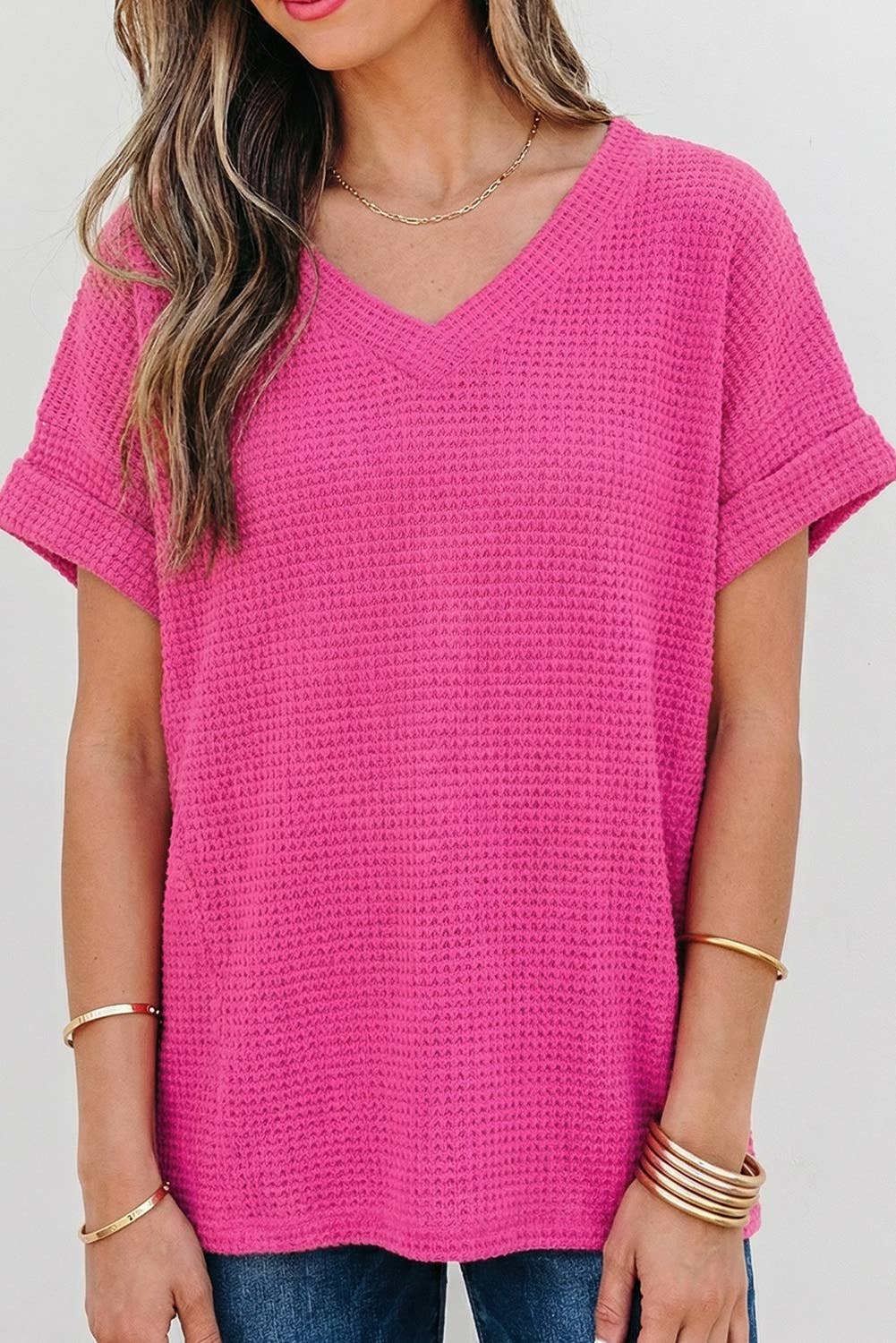 Aapparella - Waffle Texture V Neck Short Sleeve Knit Top | S-XL