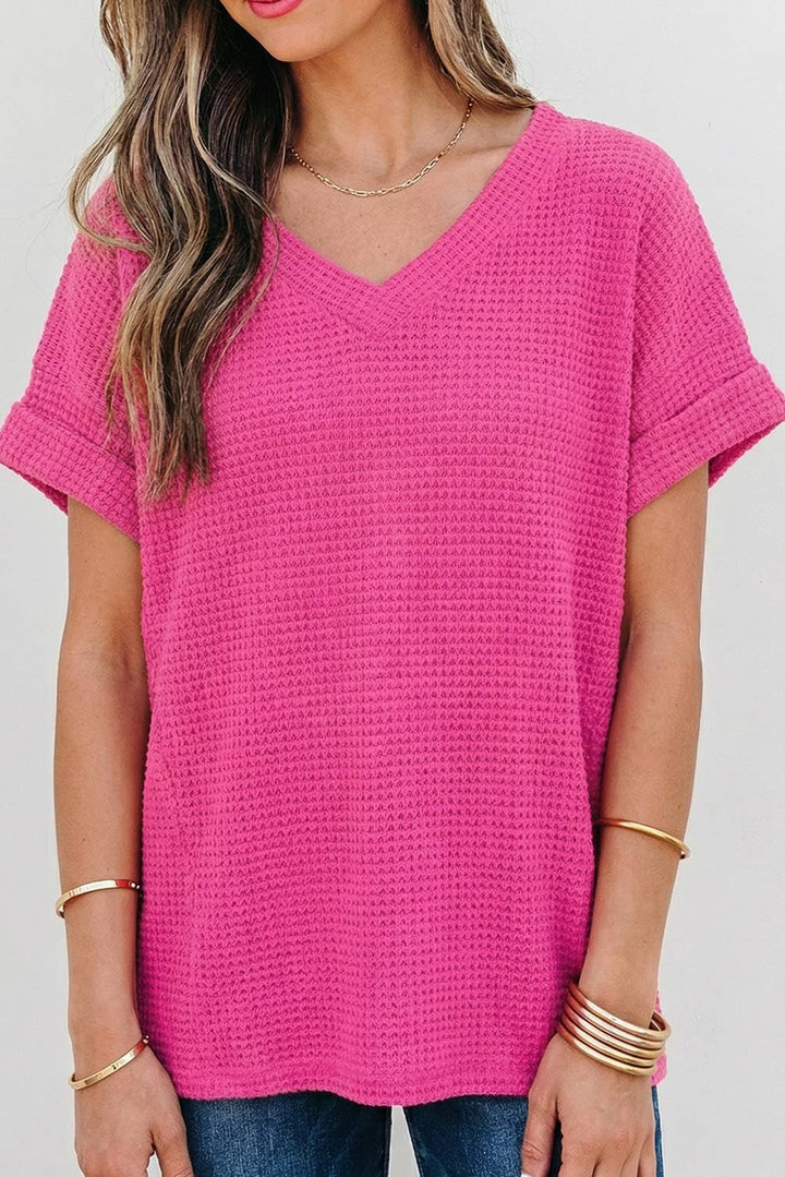 Aapparella - Waffle Texture V Neck Short Sleeve Knit Top | S-XL