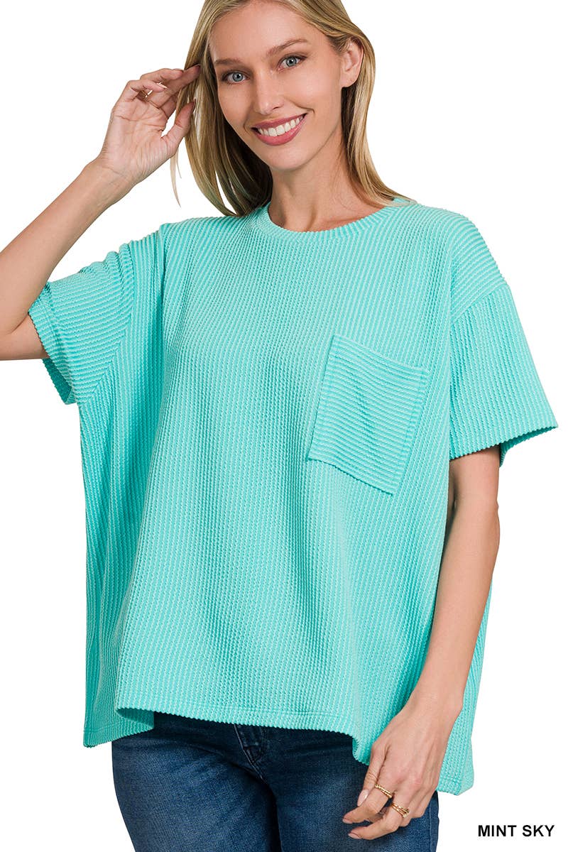 42POPS - Corded Rib Short Sleeve Front Pocket Top