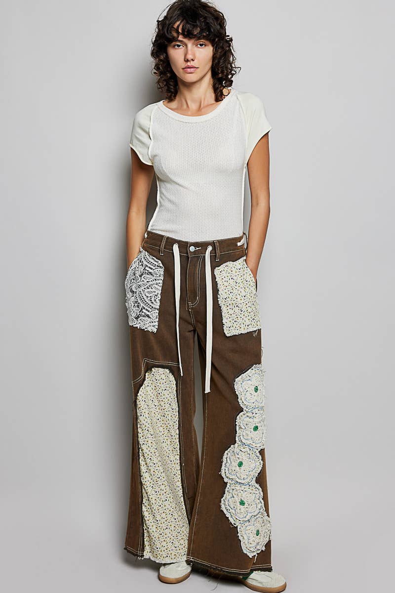 Pol Clothing - Drawstring Floral Patch Denim Pants