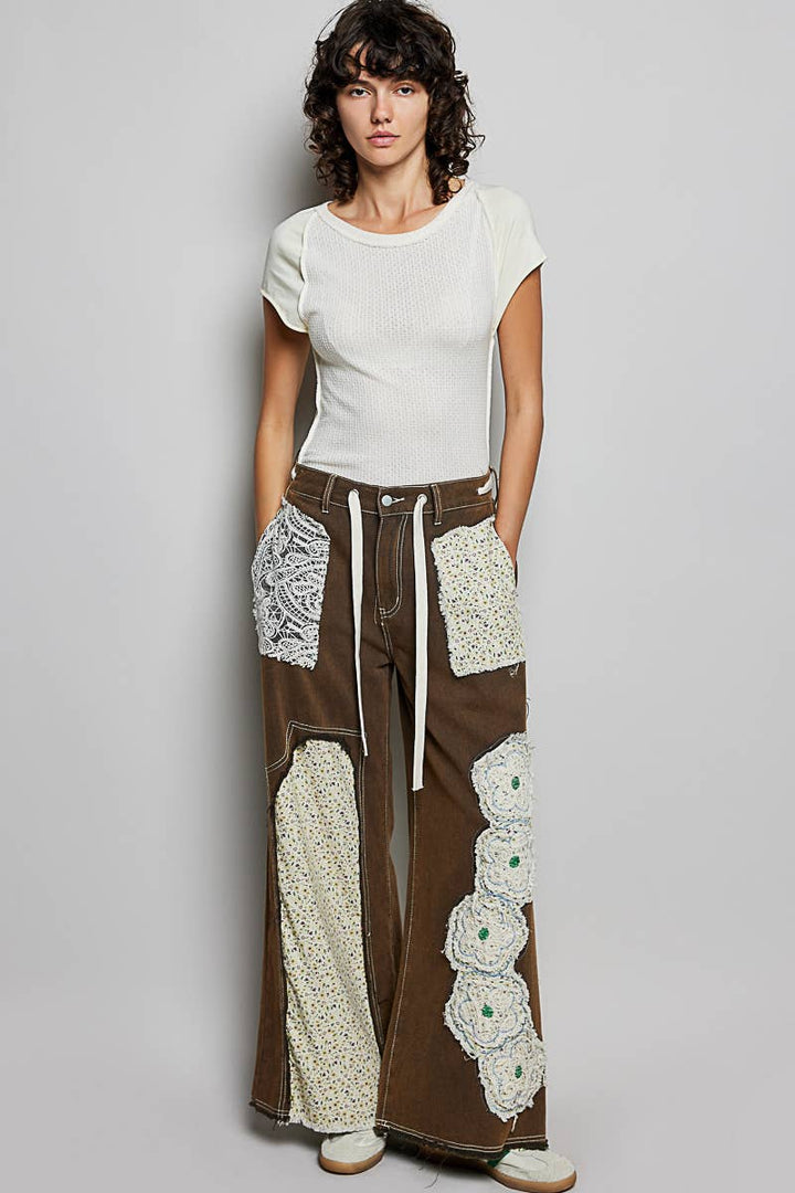 Pol Clothing - Drawstring Floral Patch Denim Pants