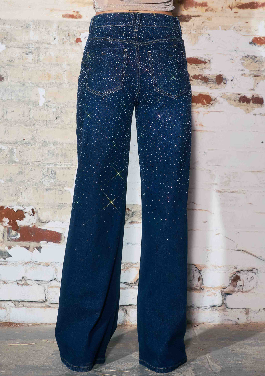 Vibrant M.i.U - Iridescent Rhinestone High-Rise Wide Leg Jeans