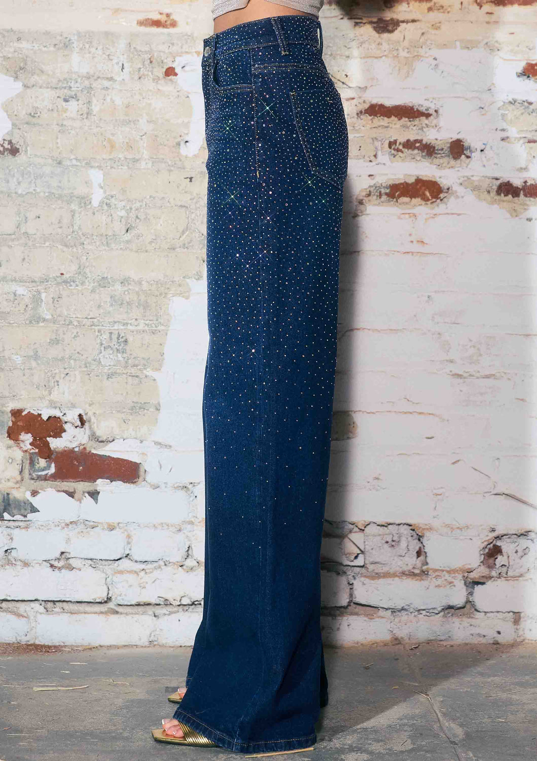 Vibrant M.i.U - Iridescent Rhinestone High-Rise Wide Leg Jeans