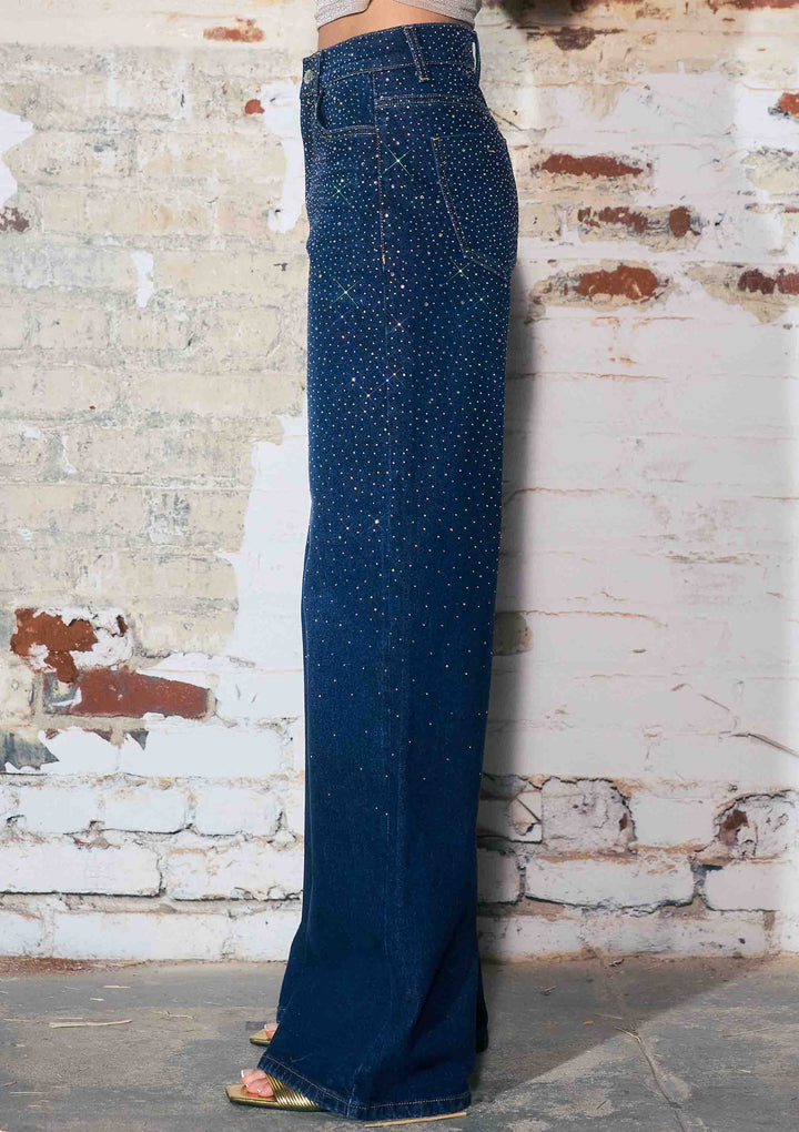 Vibrant M.i.U - Iridescent Rhinestone High-Rise Wide Leg Jeans