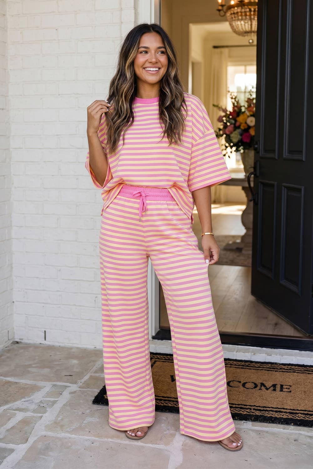 Stripe Drawstring Casual Lounge 2 Piece Set