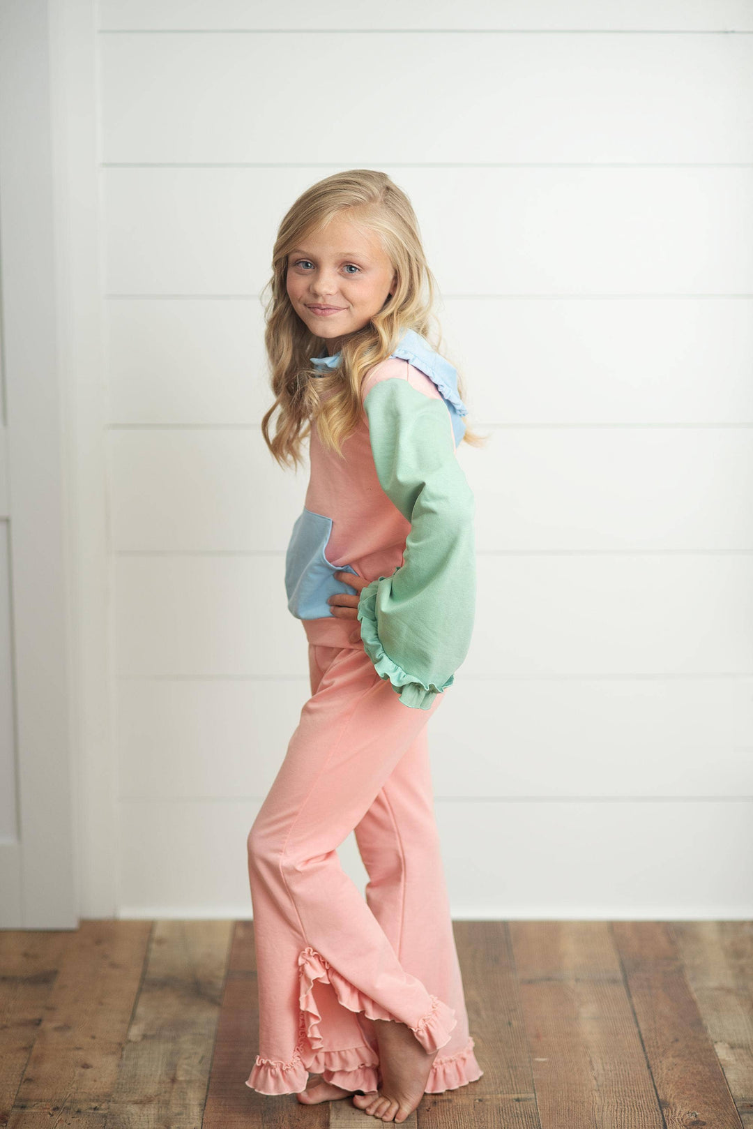 Kids Pastel Color Block Hooded Ruffle Pocket Fall Lounge Set