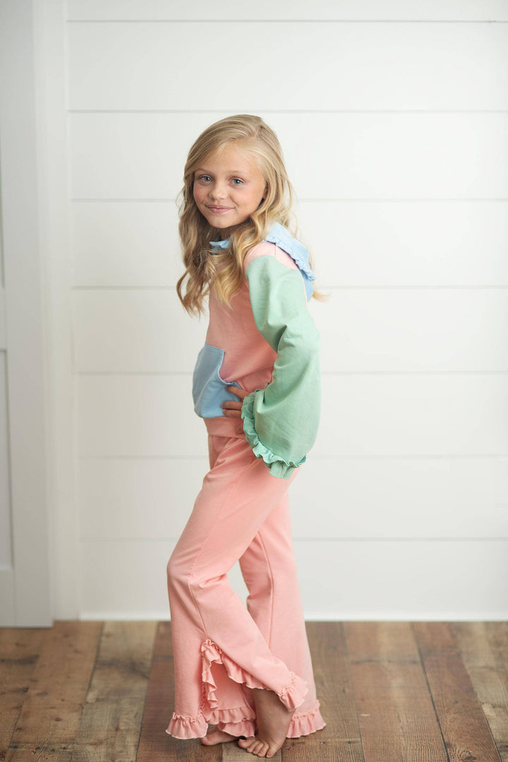 Kids Pastel Color Block Hooded Ruffle Pocket Fall Lounge Set