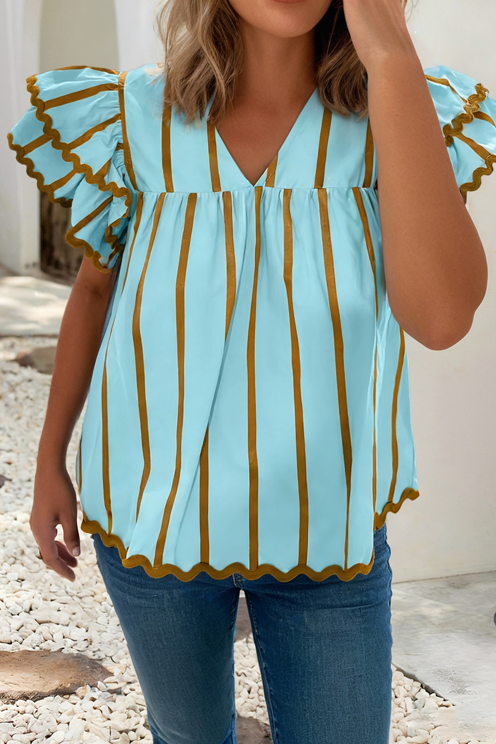Little Daisy Closet - Ricrac Trim Double Ruffled Short Sleeve V Neck Stripe Blouse