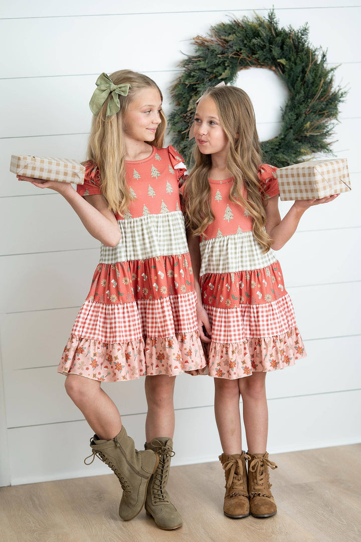 Girls Red Green Ava Merry Holiday Tree Twirl Dress
