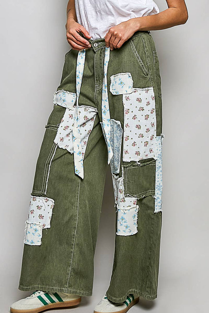 Pol Clothing - Patchwork Detail Denim Straight Fit Pants