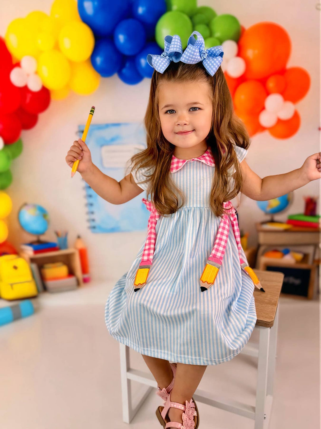Back To School Girls Striped lapels Bow Dress