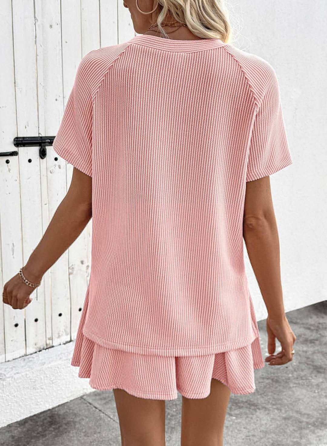 Ribbed Knit Skort Set Short Sleeve Top 2 Piece Outfit