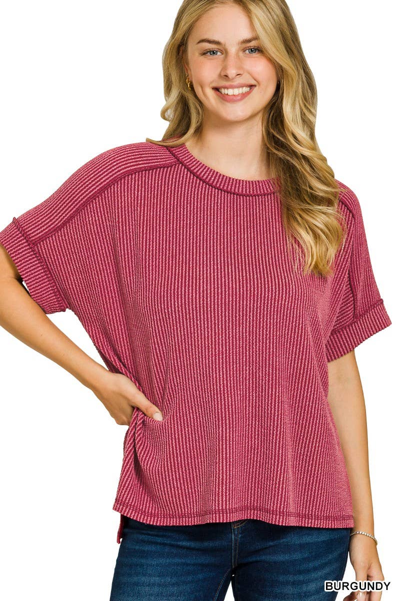 Textured Line Short Cuff Sleeve Raw Edge Top