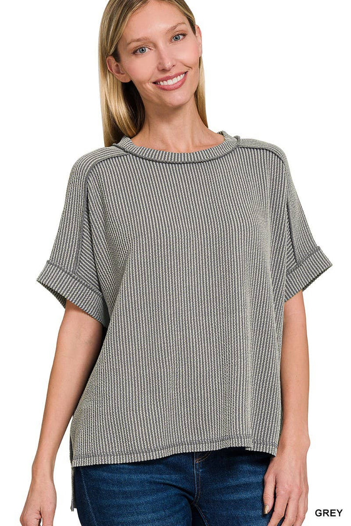 Textured Line Short Cuff Sleeve Raw Edge Top