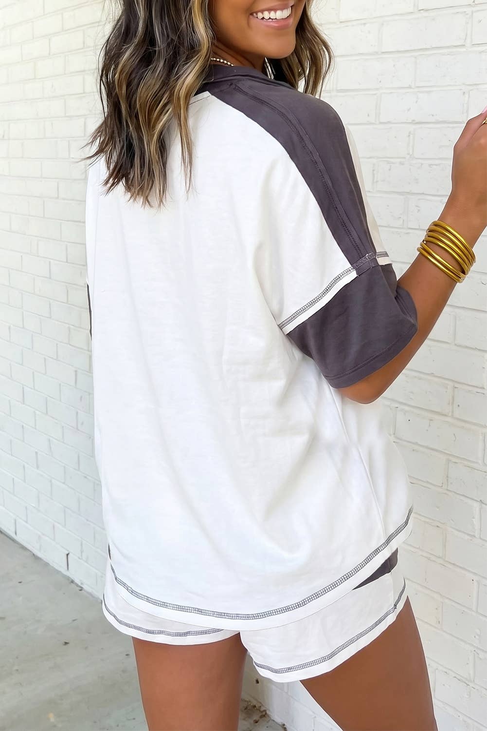 Seam Detail Half Sleeve Top Elastic Waist Shorts 2pcs Set
