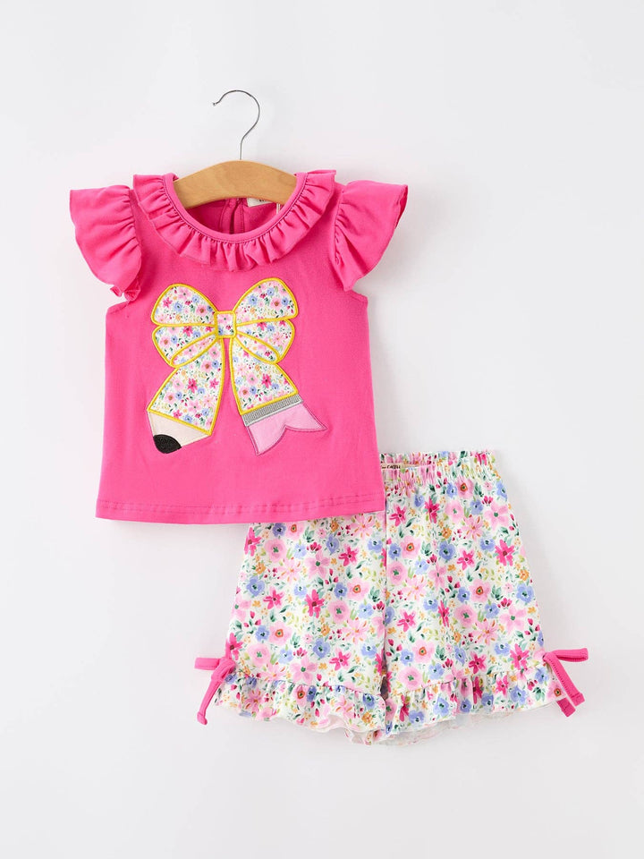 Girls Floral Bow Applique Top Ruffle Shorts Set