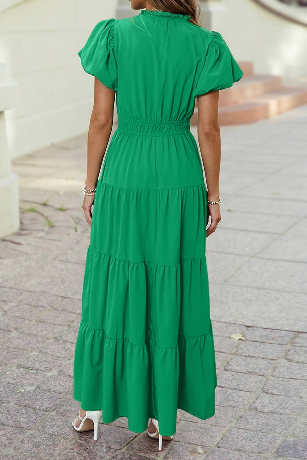 Color V Neck Short Puff Sleeve High Waist Tiered Maxi Dress