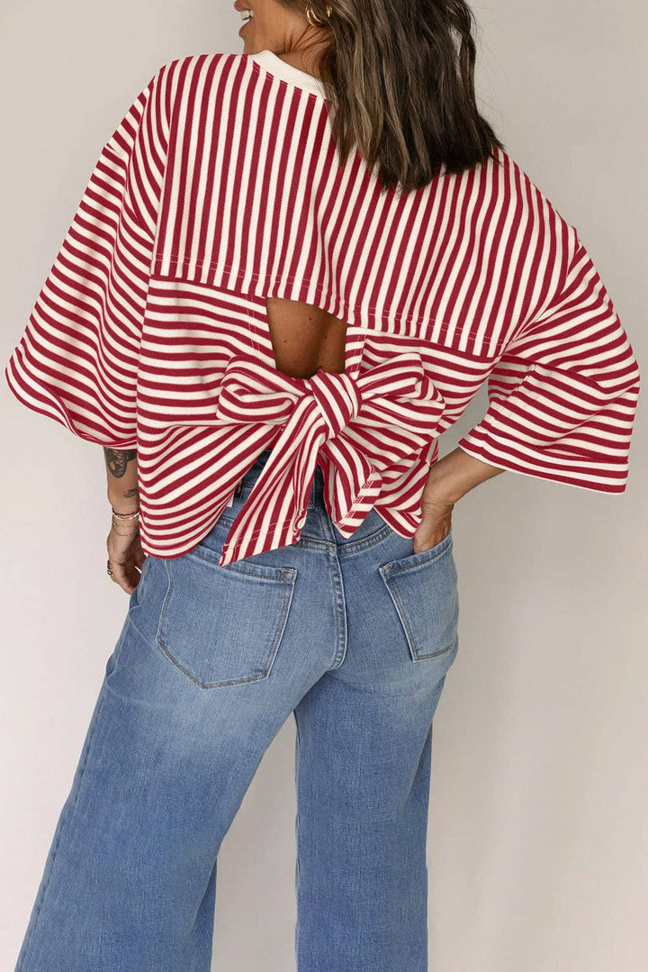 Red Stripe Bow Cutout Back Drop Shoulder Loose Tee