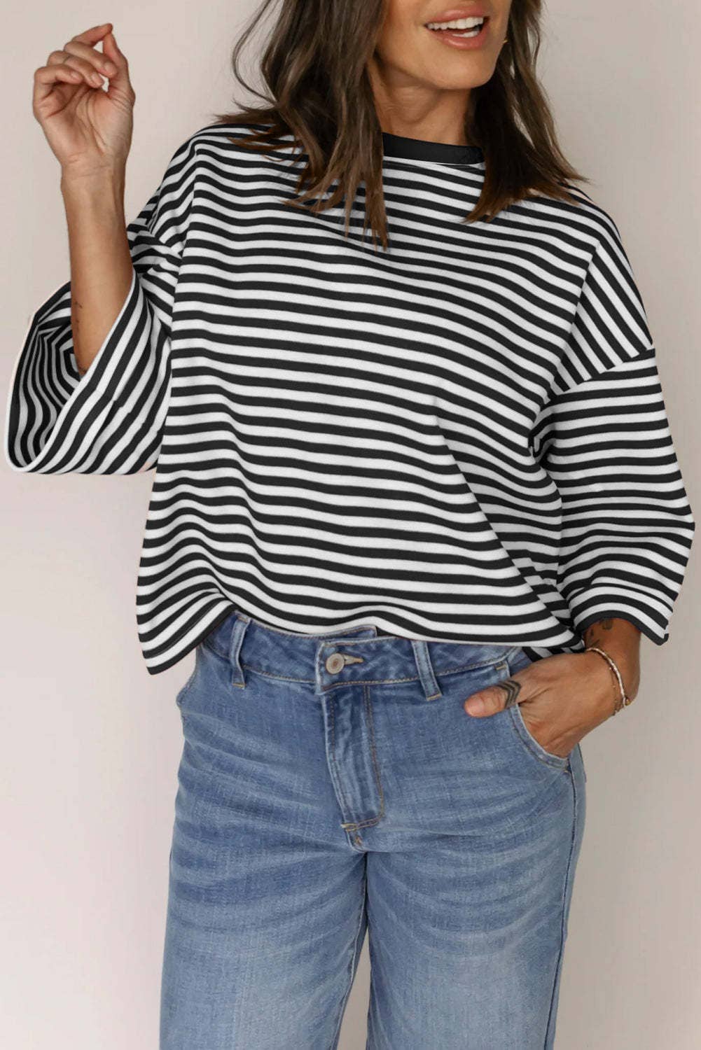 Pink Striped Knit Crew Neck Top with Back Bow Tie Detail